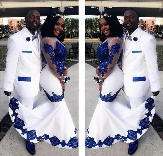 White Royal Blue Lace Aso Ebi African Prom Dresses Long Illusion Sleeves Appliqued Mermaid Evening Formal Gowns Pageant Dress