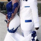 White Royal Blue Lace Aso Ebi African Prom Dresses Long Illusion Sleeves Appliqued Mermaid Evening Formal Gowns Pageant Dress