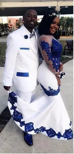 White Royal Blue Lace Aso Ebi African Prom Dresses Long Illusion Sleeves Appliqued Mermaid Evening Formal Gowns Pageant Dress WHITE