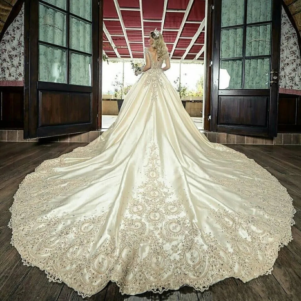 Vestido de novia con apliques de encaje satinado Vintage, vestido de novia de princesa elegante de manga larga transparente, vestido de invitados de boda