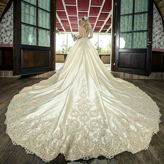 Gaun pengantin applique renda satin vintage elegan sekali lengan panjang putri gaun pengantin gaun tamu gaun tamu vestido novia