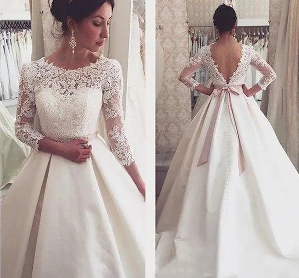 Vestido De Noiva Wedding Dresses Long A-Line 3/4 Sleeves Appliques Lace Sexy Backless Wedding Gown Bridal Dresses WHITE