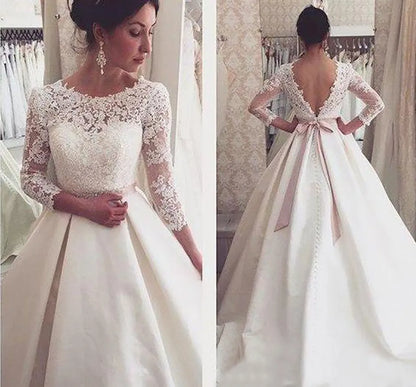 Vestido De Noiva Wedding Dresses Long A-Line 3/4 Sleeves Appliques Lace Sexy Backless Wedding Gown Bridal Dresses