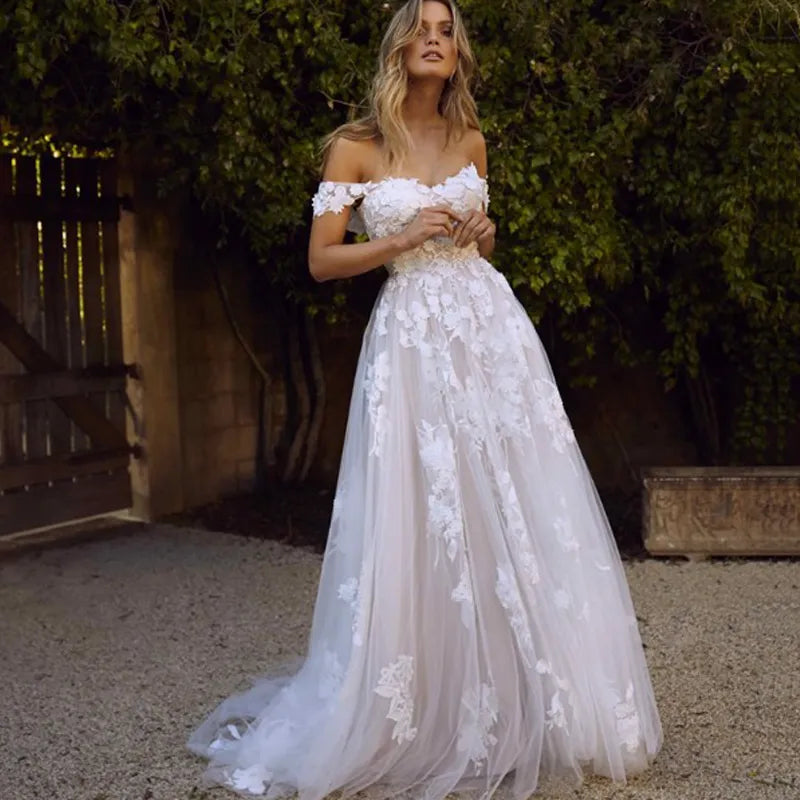 Vestido De Novia bohemio con hombros descubiertos, apliques De Encaje Vintage, Vestido De Novia hecho a medida 