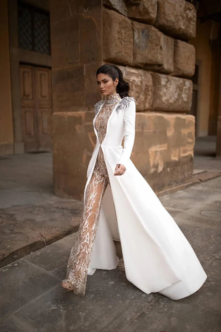 Sexy Open Back Pant Suit Vintage Champagne Wedding Jumpsuit With Long Coat Jacket Lace Applique Beaded High Neck Two Pieces