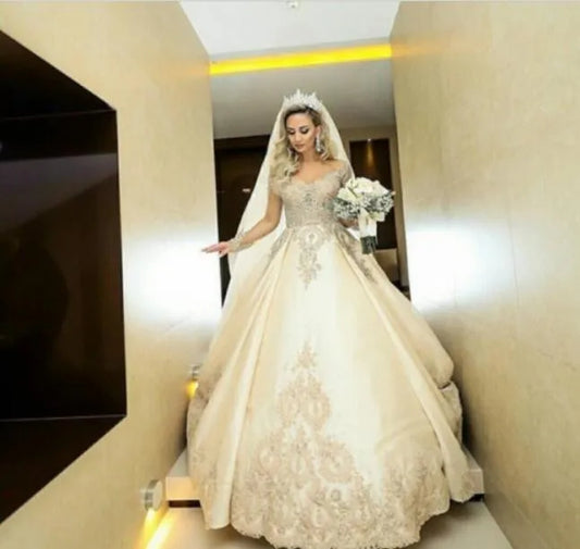 Gaun pengantin applique renda satin vintage elegan sekali lengan panjang putri gaun pengantin gaun tamu gaun tamu vestido novia