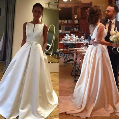 Vintage Princess A Line Wedding Dress with Pocket Floor Lenght Sexy Backless Bridal Gowns Wedding Gown Vestido De Novia