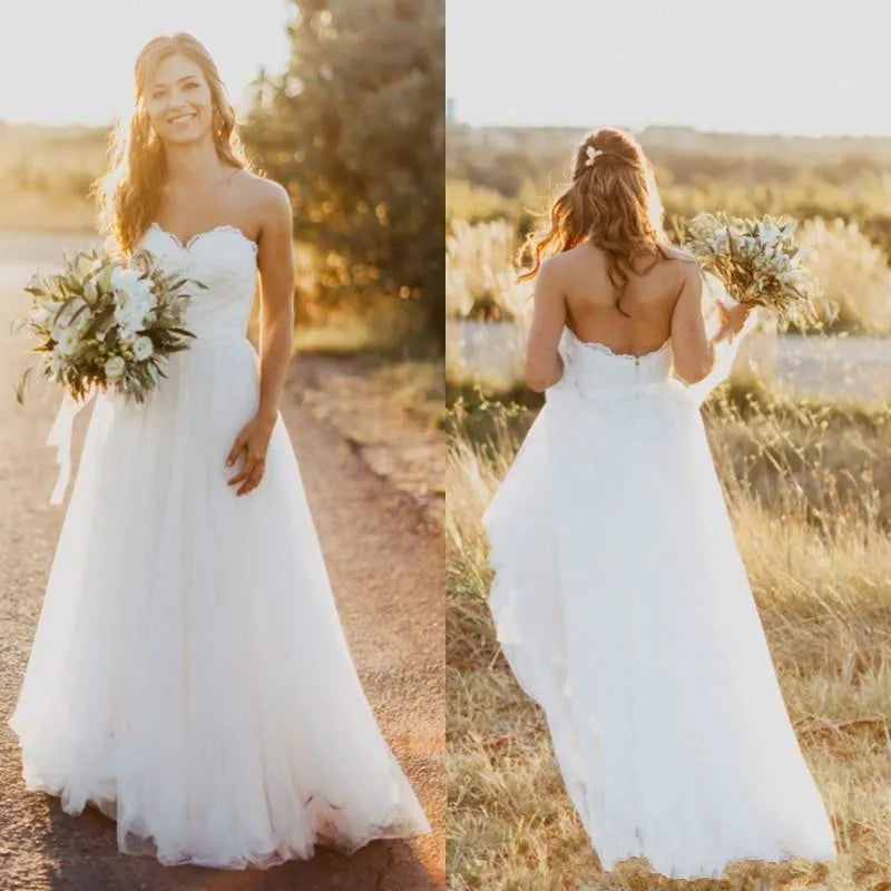 Abito da sposa in spiaggia una linea Sweetheart Vestido Noiva Praia semplice Tulle bianco Casmento Abito da sposa Custom Made