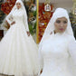 Vestidos de novia de encaje de manga larga, vestido de baile, vestidos musulmanes de cuello alto, apliques de lujo para boda, vestidos de novia, diseño de Arabia Saudita