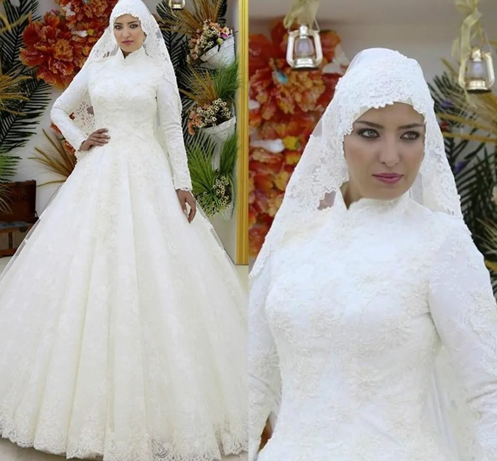 Langarm Spitze Brautkleider Ballkleid hohe Nacken Muslimische Kleider Hochzeit Luxus Applikationen Brautkleider Saudi -arabisches Design