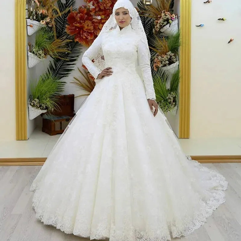 Muslim Wedding Dress | Long Sleeve Lace Wedding Dresses Ball Gown High Neck Muslim Gowns Wedding Luxury Appliques Bridal Dresses Saudi Arabic Design 22w