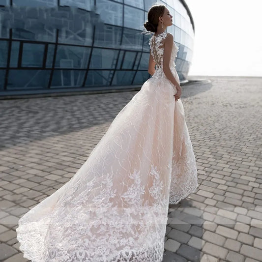 Graceful Tulle V-Neckline A-line Wedding Dress With Lace Appliques & 3D Flowers & Beadings Champagne Bridal Gowns