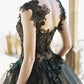 Gothic Black Prom Dress Ball Gown A-line فستان سهرة Lace Embroidery Party Dress Black Spoon Neck Evening Dress