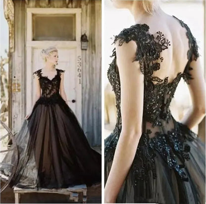 Vestido de fiesta gótico negro, vestido de baile, corte en A, vestido de fiesta con bordado de encaje, vestido de noche con cuello de cuchara negro