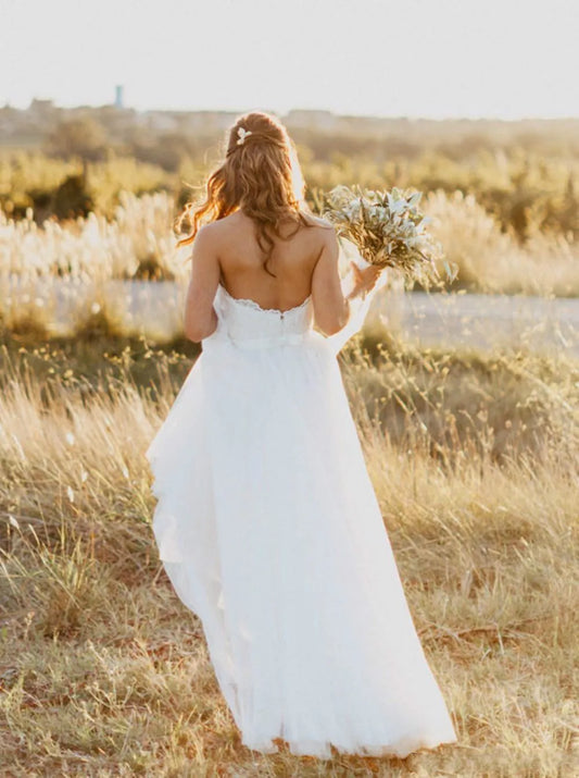 Gaun Pernikahan Beach A Line Sweetheart Vestido Noiva Praia Simple White Tulle Casamento Sashes Gaun Pengantin Kustom Dibuat