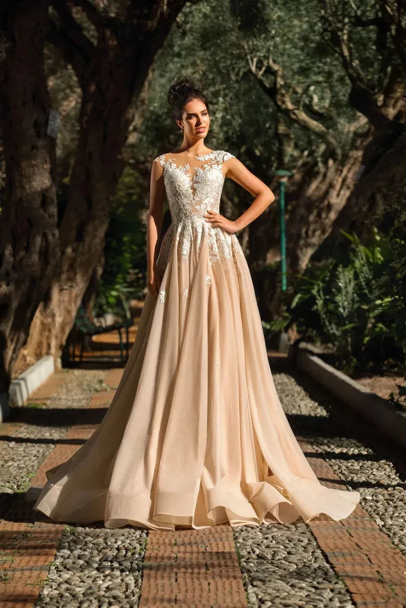 Sheer Scoop Neck Cap A-Line Wedding Dresses Lace Appliques Custom Made Illusion Bridal Gowns Princess Custom Made Spring Garden Same as picture Custom size