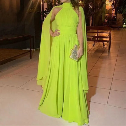 Fluorescent Yellow Evening Dress With Shawl Sexy Floor-length Vestidos De Fiesta Good Quality Chiffon Prom Dresses