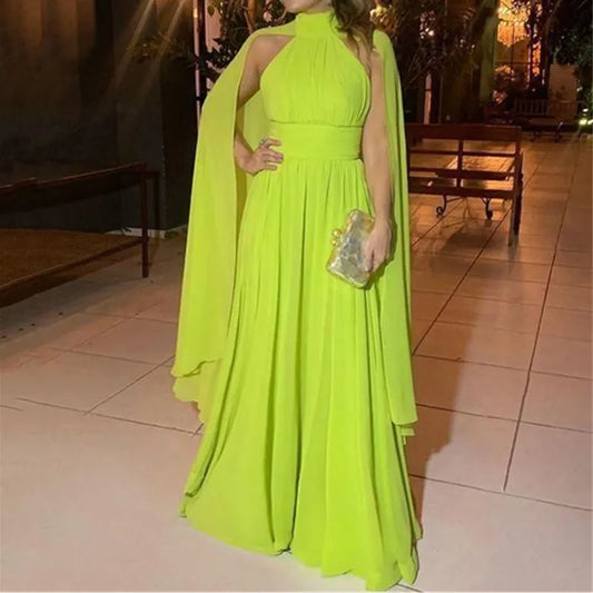 Fluorescent Yellow Evening Dress With Shawl Sexy Floor-length Vestidos De Fiesta Good Quality Chiffon Prom Dresses