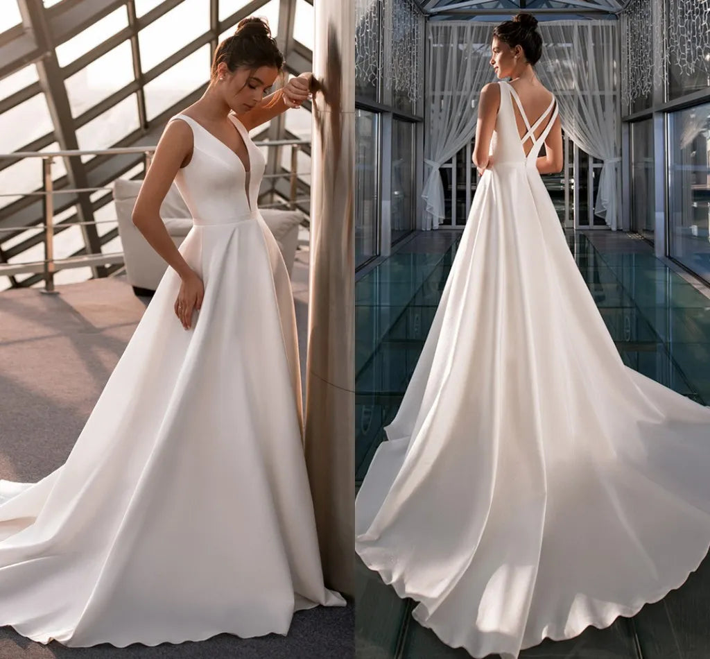 Semplice abito da sposa in raso senza maniche VEEVELLE V ANCIDE A CRISS CRISS CROVE NUOVO ATTO BRIDAL VESTIDO DE NOIIVA