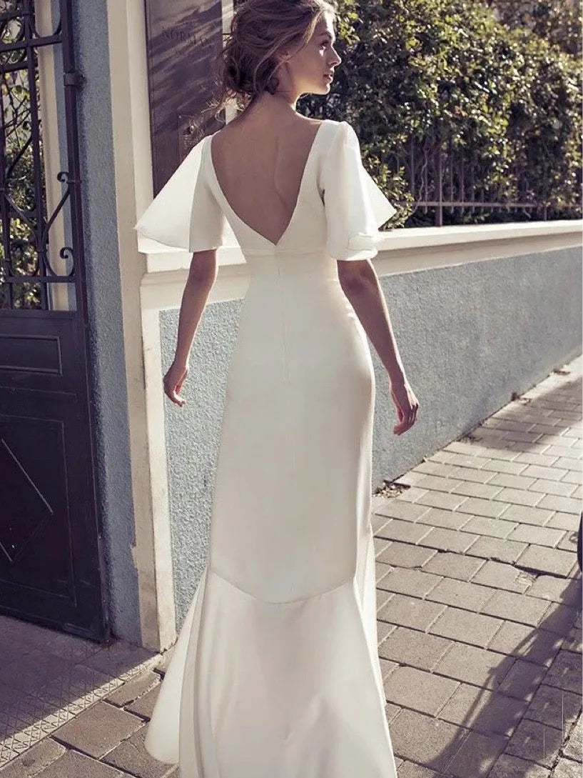 Boho Wedding Dress Simple Beach Summer Short Sleeve V-Neck Chiffon Backless Robe De Mariee Custom Made For Women Bridal Gowns