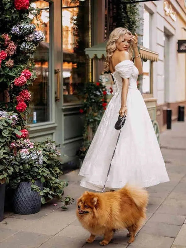 Vestido de novia corto con purpurina, corte en A, mangas con hombros descubiertos, hasta el tobillo, corsé/con cordones en la espalda, Vestidos de novia campestres