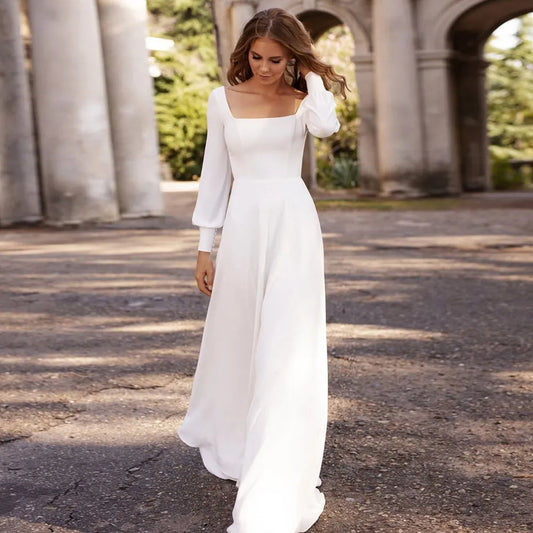 Robe De mariée trapèze élégante en Satin, col carré, manches longues, dos nu, Simple, avec traîne De balayage, pour femmes