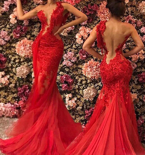 Red See Through Backless Mermaid Prom Dresses 2022 Plus Size Lace Tulle Evening Gowns Sexy robe de soiree abendkleider