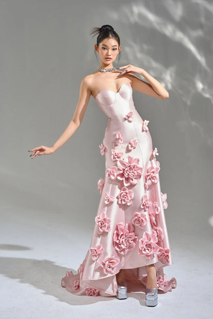 Robe de bal rose élégante, sans manches, robe de soirée de mariage, fleurs 3D, à lacets, avec traîne, pour femmes