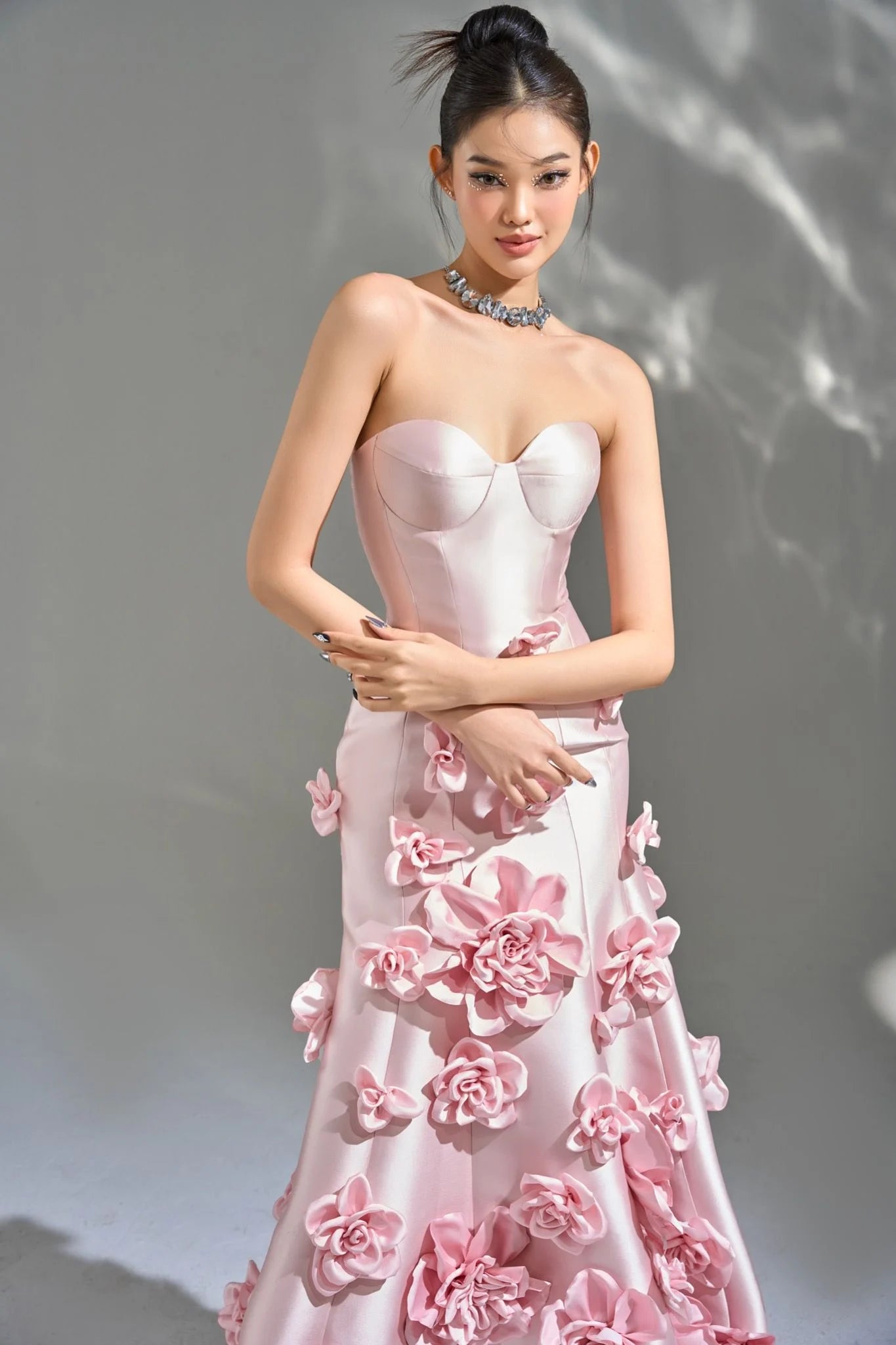 Robe de bal rose élégante, sans manches, robe de soirée de mariage, fleurs 3D, à lacets, avec traîne, pour femmes