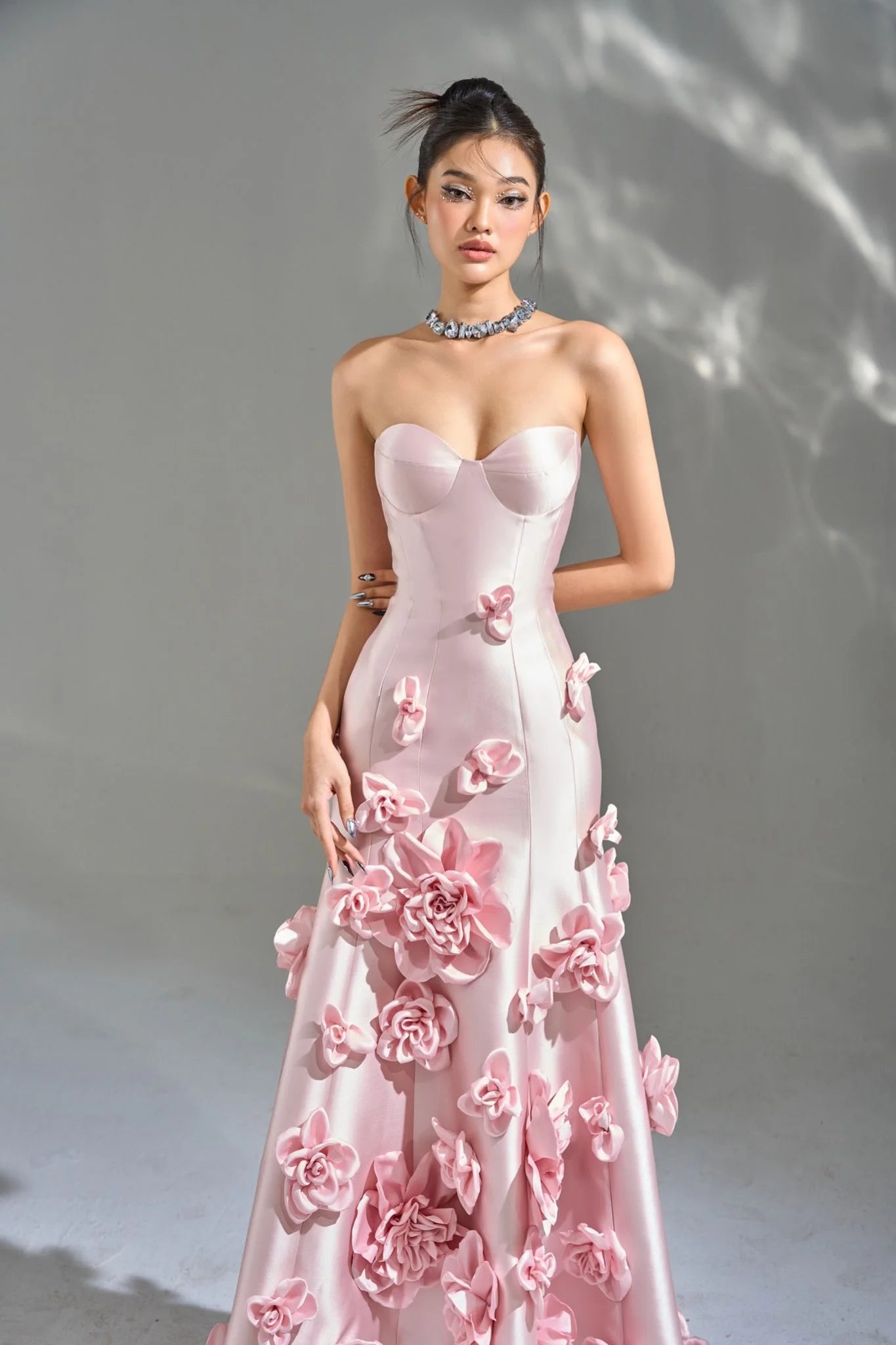 Robe de bal rose élégante, sans manches, robe de soirée de mariage, fleurs 3D, à lacets, avec traîne, pour femmes