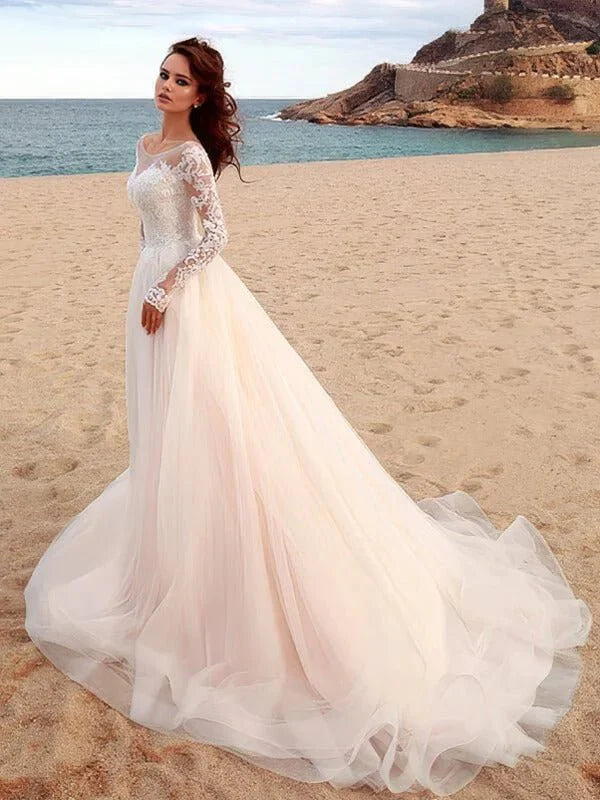 Gaun pengantin renda renda pantai gaun pengantin sendok leher lengan panjang applique lini tulle gaun pengantin jubah de mariage