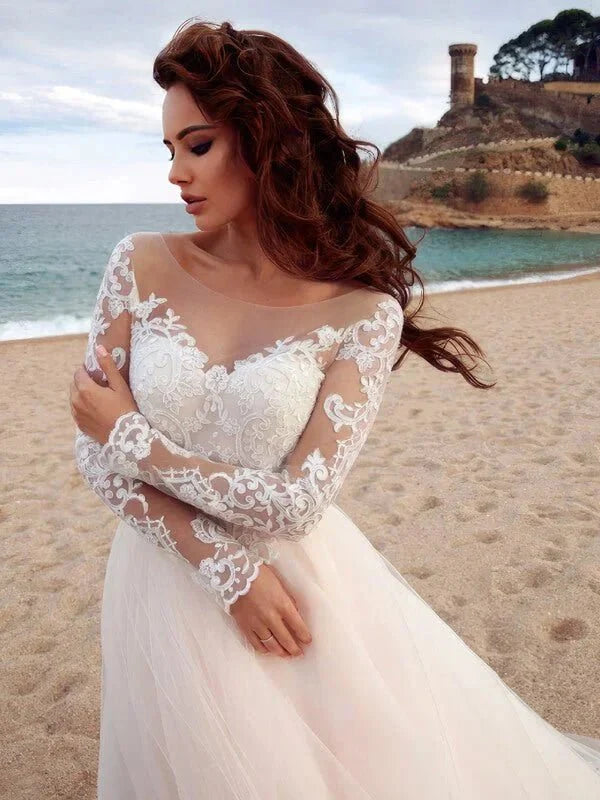 Roddrsya Beach Spitze Hochzeitskleid Braut Kleider Schaufel Hals Langarm Applique Eine Linie Tüll Brautkleid Robe de Mariage