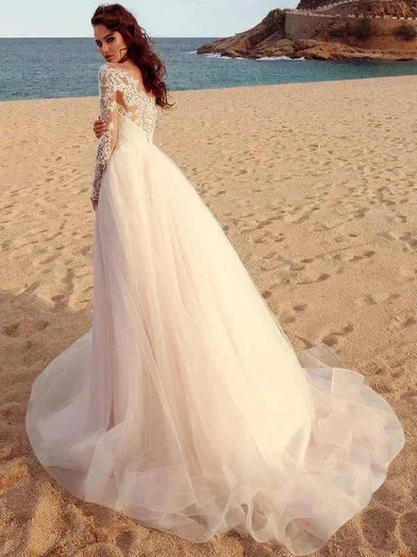 RODDRSYA Beach Lace Wedding Dress Bride Dresses Scoop Neck Long Sleeves Applique A Line Tulle Bridal Gown Robe De Mariage Pink