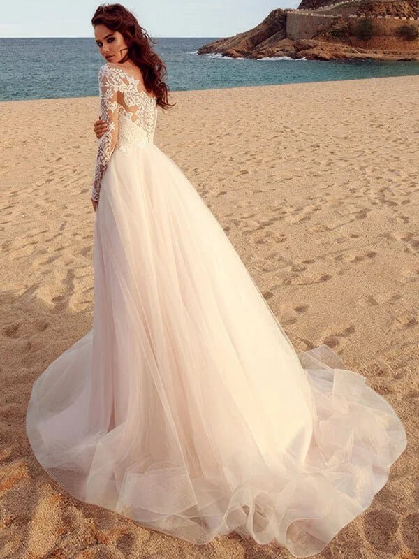 RODDRSYA Beach Lace Wedding Dress Bride Dresses Scoop Neck Long Sleeves Applique A Line Tulle Bridal Gown Robe De Mariage