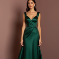 Romantic Green Evening Dress & Prom Dress with Floral Appliqués and Tulle Skirt green New Satin