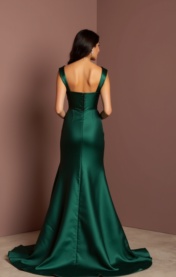 Romantic Green Evening Dress & Prom Dress with Floral Appliqués and Tulle Skirt green New Satin