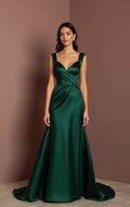 Romantic Green Evening Dress & Prom Dress with Floral Appliqués and Tulle Skirt green New Satin