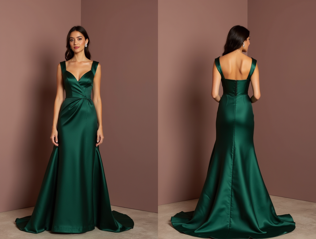 Romantic Green Evening Dress & Prom Dress with Floral Appliqués and Tulle Skirt green New Satin