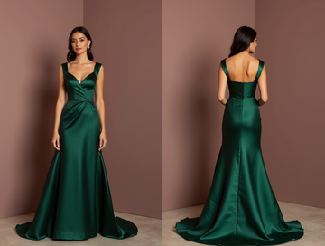 Romantic Green Evening Dress & Prom Dress with Floral Appliqués and Tulle Skirt green New Satin