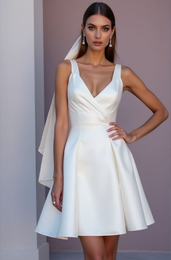 Elegant White Mini Short Wedding Dress with a Draped Neckline for a Chic and Romantic Style New Satin white