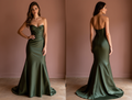 Romantic Green Evening Dress and Prom Gown with a Strapless Bodice for a Feminine Look backless green New Satin