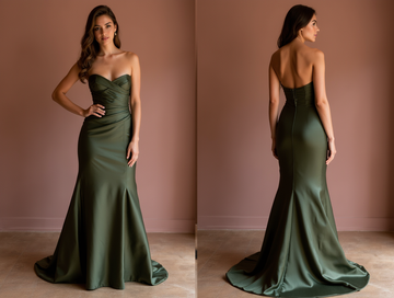 Romantic Green Evening Dress and Prom Gown with a Strapless Bodice for a Feminine Look backless green New Satin