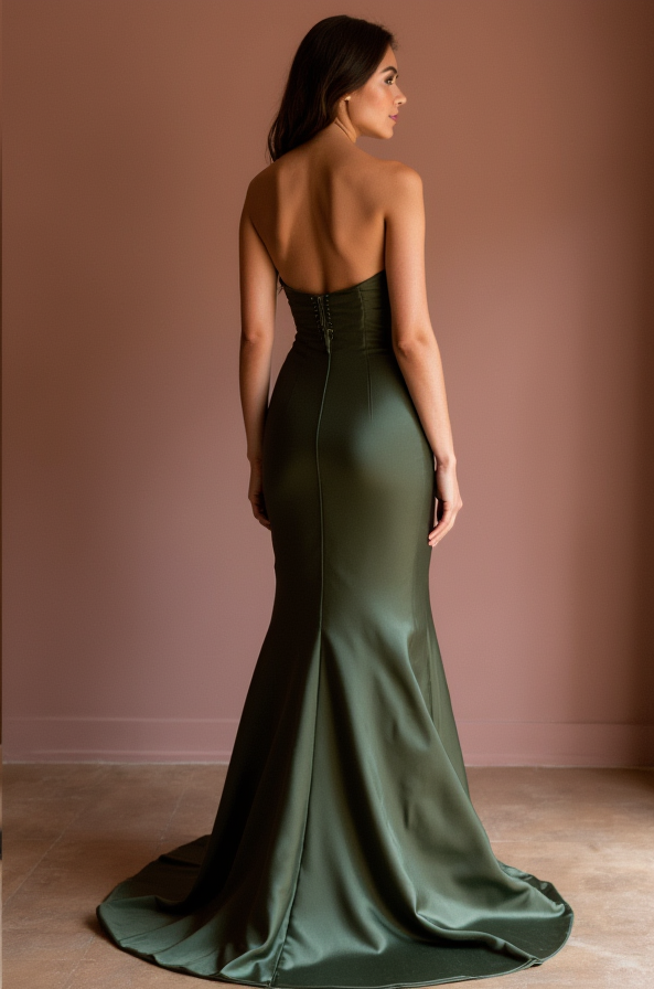 Romantic Green Evening Dress and Prom Gown with a Strapless Bodice for a Feminine Look backless green New Satin