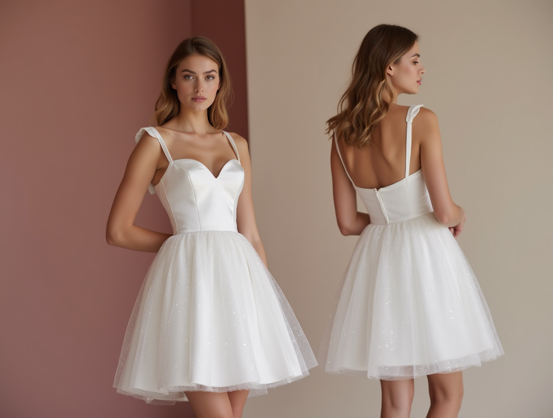 Romantic White Mini Short Wedding Dress with a Heart-Shaped Back for a Sweet Bridal Touch mesh New Satin white