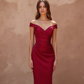 Elegant Red Evening Dress & Prom Gown with Beaded Bodice and Flowing Train New red Satin
