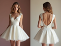 Chic White Mini Short Wedding Dress with Pearl Buttons for a Vintage and Timeless Look New Satin white