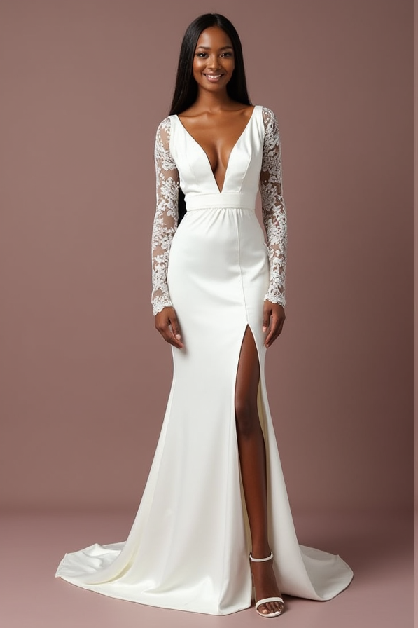 Stunning A-Line White Wedding Dress with a Lace-up Back for a Custom Fit backless embroidery mesh New Satin split white