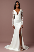 Stunning A-Line White Wedding Dress with a Lace-up Back for a Custom Fit backless embroidery mesh New Satin split white