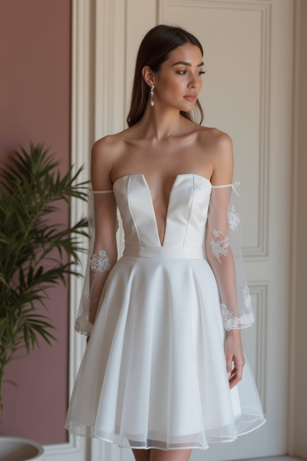 Classic White Mini Short Wedding Dress with a Wide V-Neck for an Elegant Look mesh New Satin white