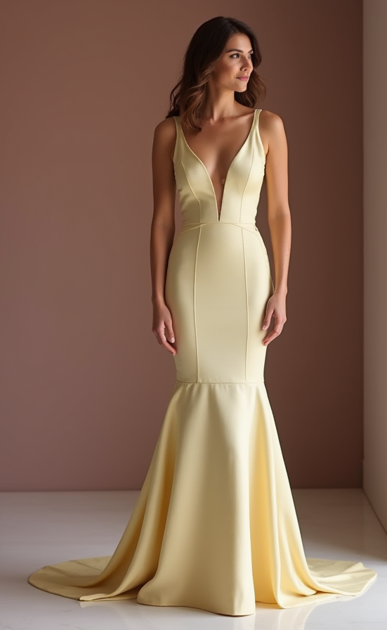 Romantic Yellow Evening Dress & Prom Dress with Long Bell Sleeves New Satin yellow